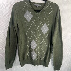 Old Navy Sweater Mens Medium Green Argyle V-Neck Long Sleeve Pullover Cotton